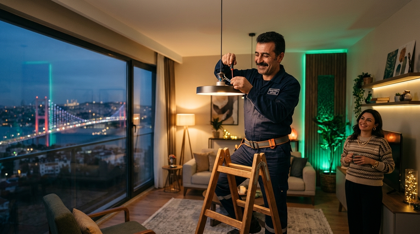 UstaCagir elektrikçisi İstanbul'da bir evde avize montajı yapıyor
